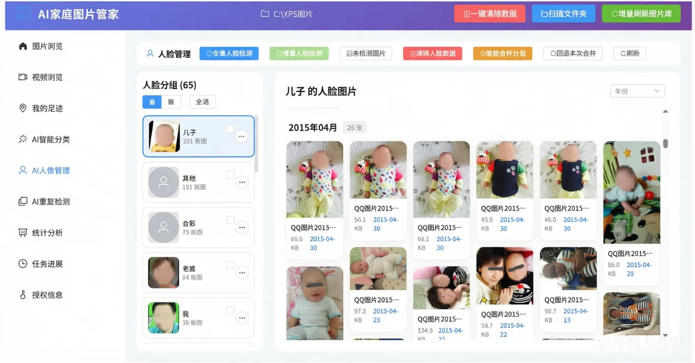 AI人像管理功能截图：瀑布流模式浏览分组内的人脸照片